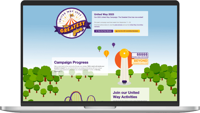 United Way landing page featuring colorful branded graphics with a carnival theme